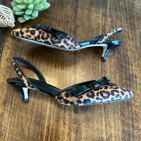 Cole Haan | Noella Bow Leopard Print Leather Slingback Kitten Heel Pumps - Picture 7 of 10